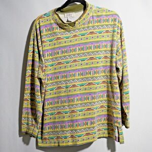 IVY VTG 80s 90s Yellow Aztec AOP Shirt Surf Retro Mock Neck Cotton Mens L Funky